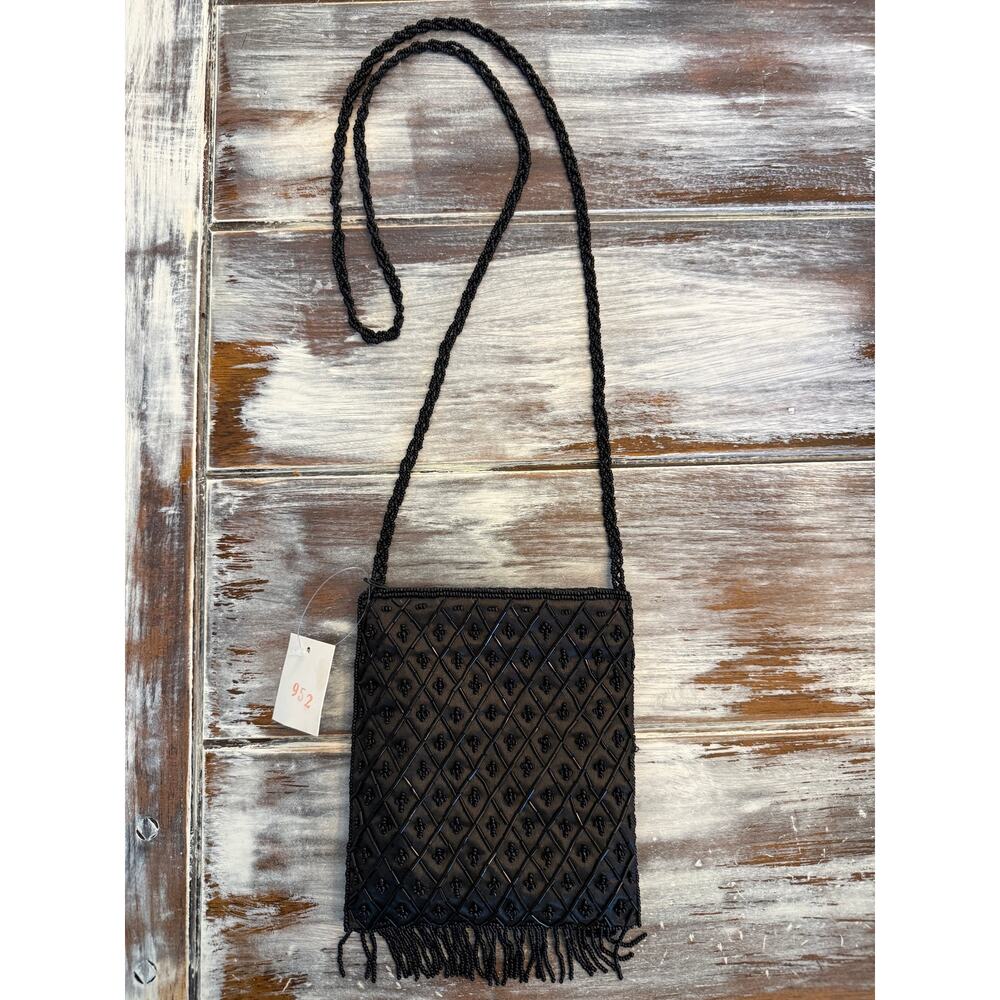 Black Beaded Crossbody Bag with Diamond Quilted Pattern and Fringed Bottom